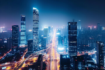 Obraz premium Show a dynamic city skyline at night - with skyscrapers illuminated against the dark sky. 