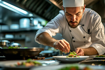 Show a masterful chef in the midst of a busy kitchen - skillfully preparing a gourmet dish. 