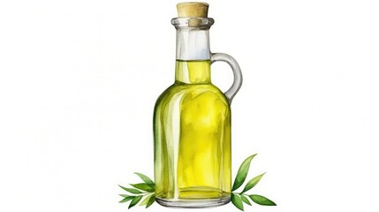 Obraz na płótnie Canvas Transparent Glass Olive Oil Bottle Filled With Golden Liquid on White Background