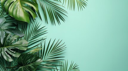 Fototapeta na wymiar Top view of palm leaves in a green pastel backdrop with a big empty space inside of it for product advertisement, Generative AI.