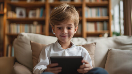 Young Boy Engrossed in Digital Tablet at Home