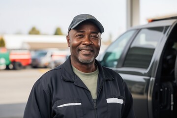 Portrait of a middle aged man working at gas station - obrazy, fototapety, plakaty