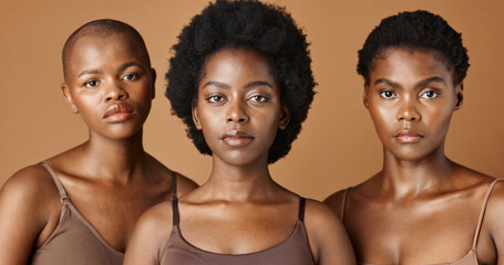 Wellness, face or African models with beauty, glowing skin or afro isolated on brown background. Facial dermatology, black women or natural cosmetics skincare in studio with girl friends or people - obrazy, fototapety, plakaty