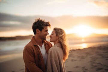 Romantic Couple Embracing on Beach at Sunset