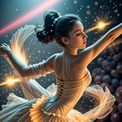 AI-generated illustration of a Young ballerina wearing a sparkling dress on a stage in a dark space