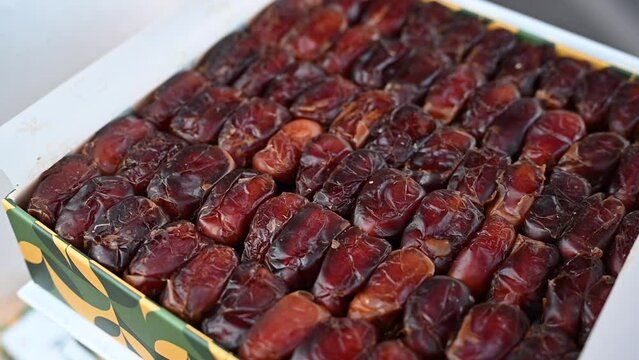 Emirati 'Fard' dates are elegantly packed in a gift box at a local dates shop
