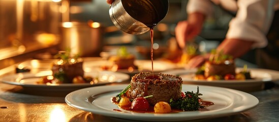 The camera zooms in on the skilled chef as he expertly pours a rich, savory sauce over the perfectly cooked Beef Wellington, beautifully plated alongside vibrant and colorful vegetables. - obrazy, fototapety, plakaty