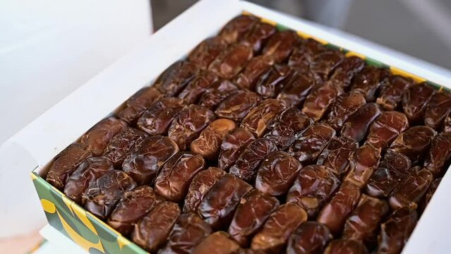 Emirati 'Fard' dates are elegantly packed in a gift box at a local dates shop