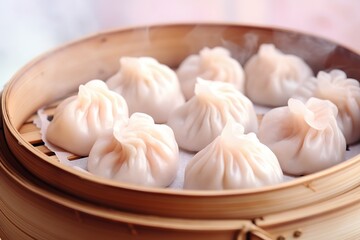 Hot dimsum in a container made of bamboo with smoke on top. generative AI