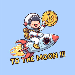 Cute astronaut holding cryptocurrency Bitcoin riding rocket to the moon bullish after halving