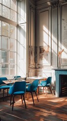 Perfectly composed image capturing the allure of a free photo restaurant private room with blue chairs, white walls, a fireplace, and a wide window letting in natural light