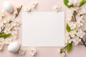 Naklejka na ściany i meble Kreatives flaches Ostergelege/Frühlingsgelege mit Blumen und einem weißem, leern Blatt Papier