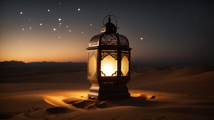 Islamic lantern in the desert at night