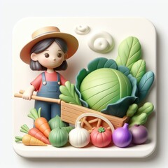 Fototapeta premium Cute Farm Girl with a Vegetable Cart. 3D Cartoon Clay Illustration on a light background.