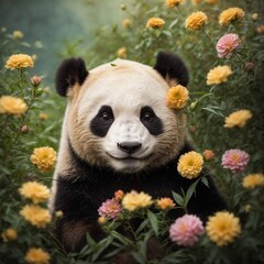 Obraz premium Portrait happy Panda in flowers. AI Generated.