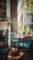Perfectly framed composition capturing the charm of a free photo restaurant private room, complete with blue chairs, white walls, a fireplace, and a sunlit window