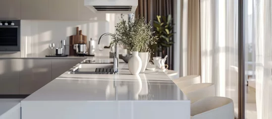 Foto op Plexiglas The camera zoomed in, capturing a close view of the white stylish kitchen with a cooking island, nestled within the luxurious interior of a modern apartment adorned in light colors and furnished with © Sona