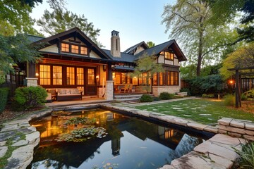 Obraz premium An ivory craftsman cottage with a backyard and a stone-lined fish pond