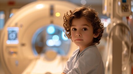 Young child in a hospital medical exam room with MRI machine. CAT scan in a doctor's office. Cute kid in a medical setting.