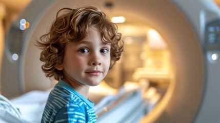 Young child in a hospital medical exam room with MRI machine. CAT scan in a doctor's office. Cute kid in a medical setting.