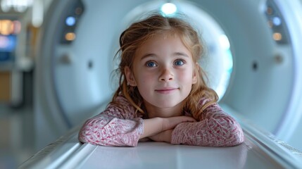 Young child in a hospital medical exam room with MRI machine. CAT scan in a doctor's office. Cute kid in a medical setting. - obrazy, fototapety, plakaty