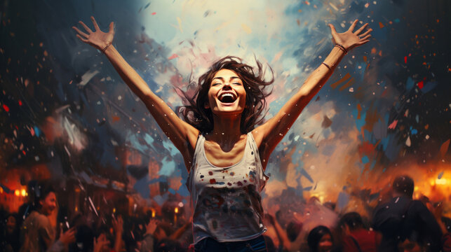 Happy woman, vibrant confetti and colorful joy. Joyful, lively and radiant lady in a spectrum of colors, symbolizing celebration, happiness and dynamic energy. A vibrant moment of pure delight.