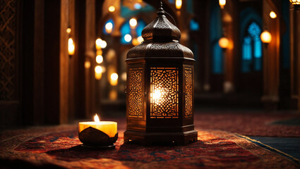 Islamic ornament, mandala, lantern element for celebrating eid ul fitre in mosque background - obrazy, fototapety, plakaty
