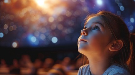 You child looking up in wonder at the starry night sky. Planetarium visit with planets, moons, and stars. Little kid interested in science and space. - obrazy, fototapety, plakaty