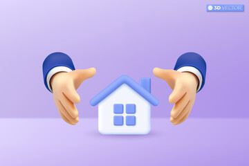 Fototapeta na wymiar 3d hand shielding protect house icon symbol. Insurance home policy service, protection from danger, providing security concept, 3D vector isolated illustration. Cartoon pastel Minimal style.