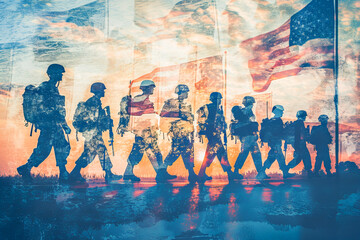 Soldiers walk alongside the United States flag, May, Culture and Religion concept, generative ai