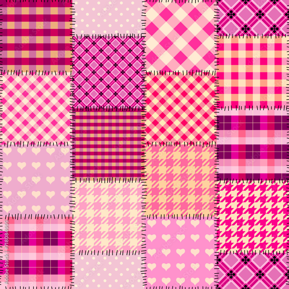 Poster Quilting design patchwork plaid pattern pink colours. Vector pattern.