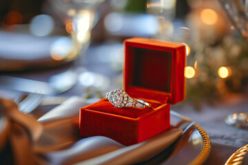 engagement ring in red box on served table