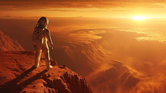 .A photograph of a lone astronaut standing on the edge of a crater on Mars