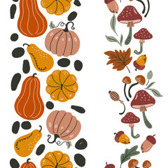 Pumpkins and Mushrooms Autumn Vector Seamless Vertical Borders Set