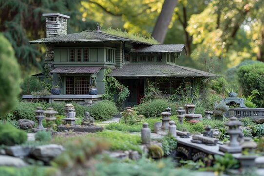 a side angle view of A beryl green tripple story craftsman building with a backyard and a series of small, stone garden sculptures
