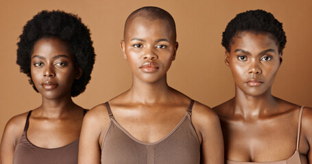 Skincare, face or African models with beauty, glowing skin or afro isolated on brown background....
