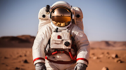Astronaut Standing on the Rocky Mountain of the Alien Red Planet Mars.