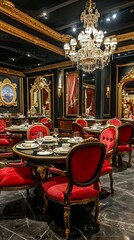 Fototapeta na wymiar Regal dining experience with antique-style tables, luxurious chairs, and a touch of gold accents creating a majestic atmosphere