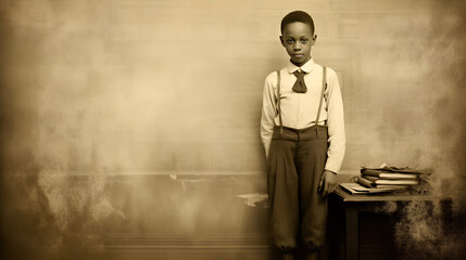Vintage image of an african american boy Standing in Front of Desk - Generative AI