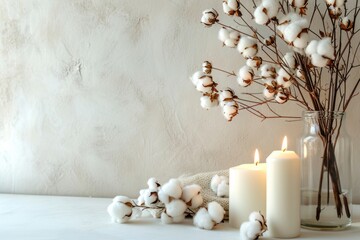 Fototapeta na wymiar Stylish table with cotton flowers and aroma candles near light wall