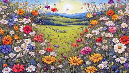 Colorful Meadow of Wildflowers at Sunset