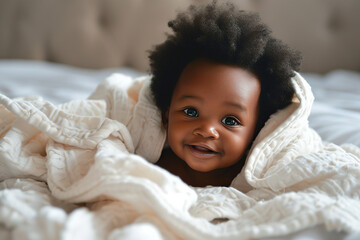 a very cute little black african baby kid with afro hair wrapped in soft white blanket on a bed smiling. image perfect for ads. big beautiful eyes and tiny nose.