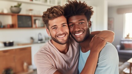 Fototapeta premium Close-up of an African American and Caucasian gay couple having fun at home.