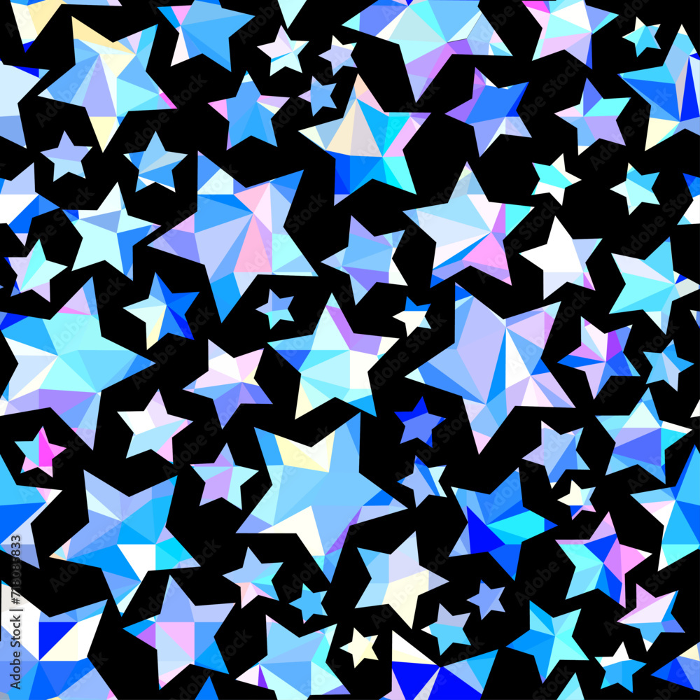 Poster iridescent stars on pink background. random stars pattern. vector seamless illustration.