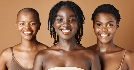 Face, beauty and natural with black woman friends in studio on a brown background for a wellness...