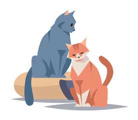 Couple of cute cats sitting together on isolated background. Retro cartoon vector illustration