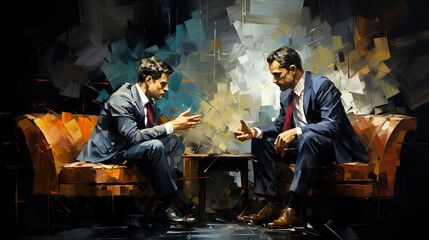 Vibrant painting of two businessmen engrossed in a vibrant, abstract conversation - obrazy, fototapety, plakaty