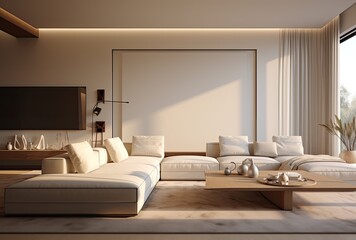 Interior of modern living room with beige walls, wooden floor, beige sofas and white sofas. 3d rendering