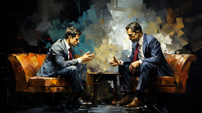 Vibrant painting of two businessmen engrossed in a vibrant, abstract conversation