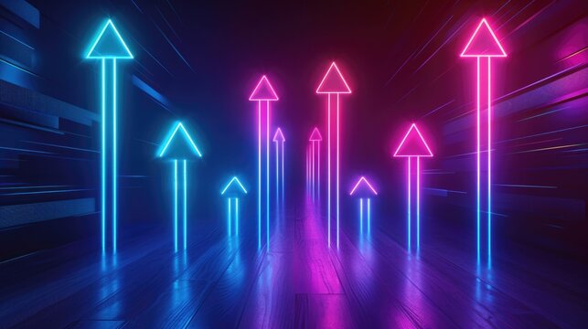 The neon arrows point upwards at an angle. The blue and pink arrows on a dark background